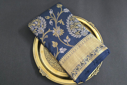 Navy Blue Brocade Kanjivaram Silk Saree by Tharakaram PSTK04094