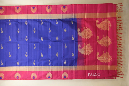 Deep Blue with Rani Pink Borders Light Weight Kanjivaram Silk Saree paloo
