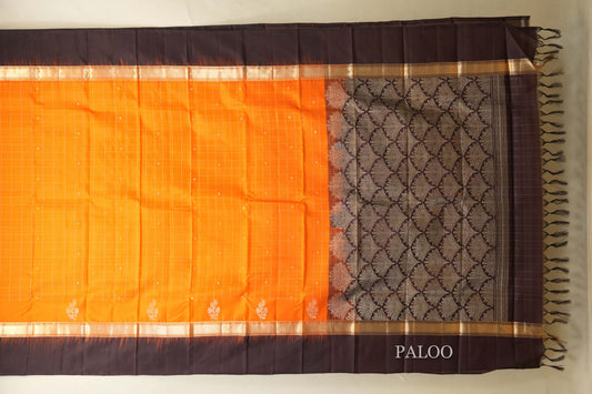 Bright Orange with Deep Coffee Brown Borders Light Weight Kanjivaram Silk Saree paloo