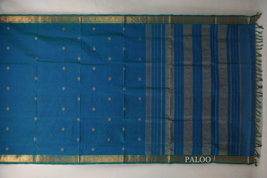 Peacock Blue Vegan Silk Cotton Saree paloo