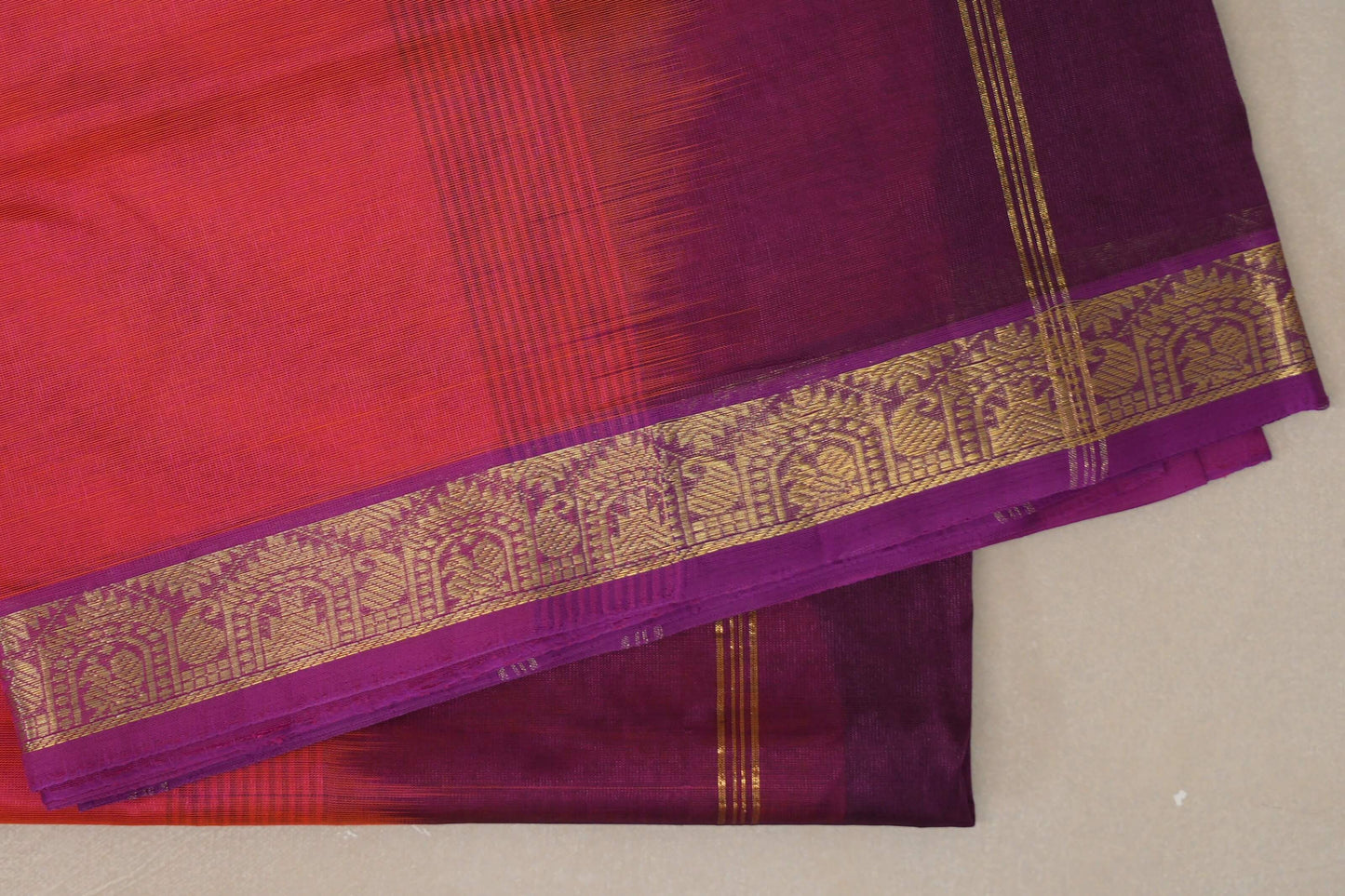Dual Tone of Orange and Pink with Purple Borders Vegan Silk Cotton Saree by Shreenivas Silks PSSR0110040