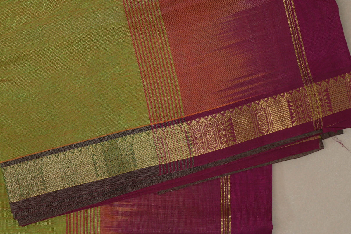 Dual Tone of Yellow and Green with Reddish Pink Borders Vegan Silk Cotton Saree by Shreenivas Silks PSSR0110041