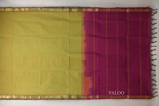 Dual Tone of Yellow and Green Vegan Silk Cotton Saree paloo
