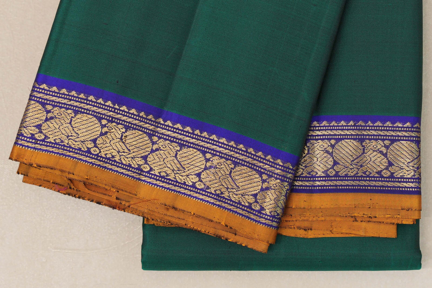 Dark Green with Royal Blue Borders and Mustard Selvedge Vintage Kanjivaram Silk Saree by Shreenivas Silks PSSR018920