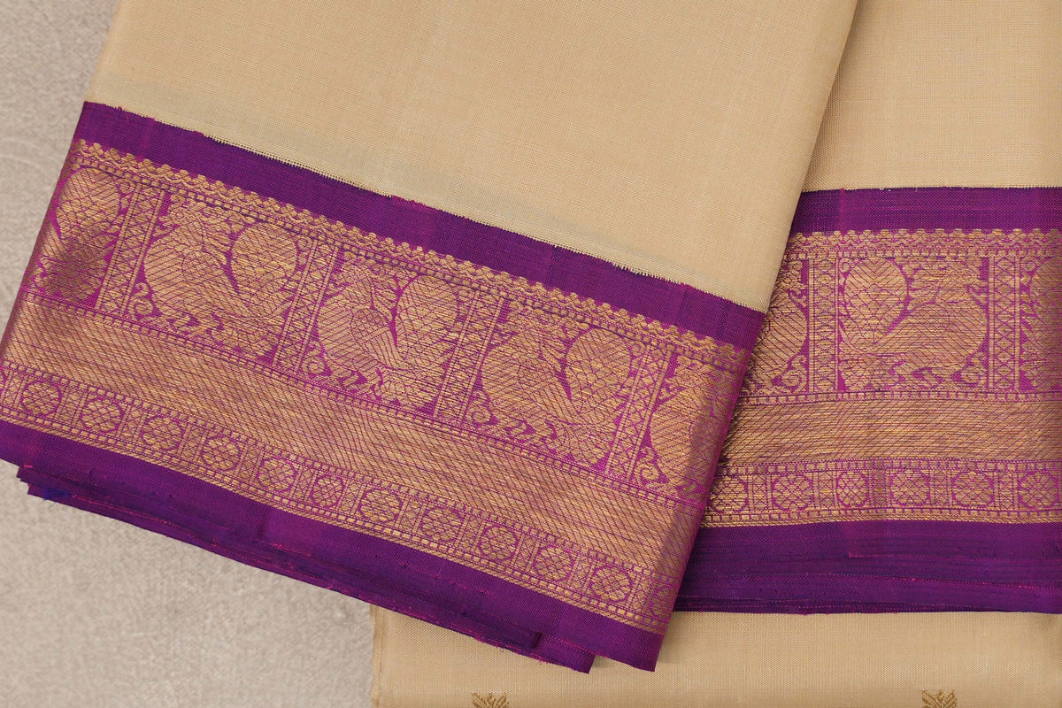 Cream Beige with Dual Tone of Magenta and Blue Borders Vintage Kanjivaram Silk Saree by Shreenivas Silks PSSR0110096