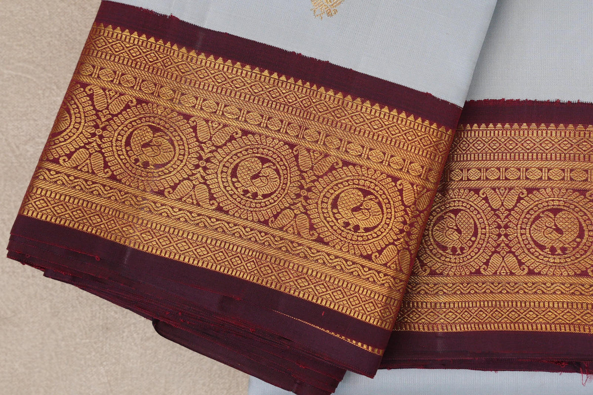 Light Grey Blue with Deep Maroon Borders Vintage Kanjivaram Silk Saree by Shreenivas Silks PSSR0110097