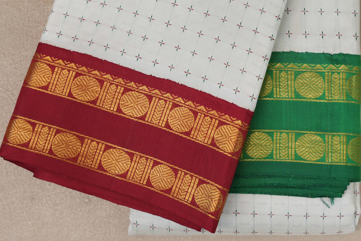 Off White with Reddish Maroon and Emerald Green Borders Vintage Kanjivaram Silk Saree by Shreenivas Silks PSSR0110098