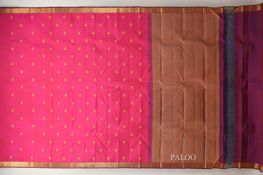Rani Pink with Blue Selvedge Plant Based Kanjivaram Silk Saree paloo