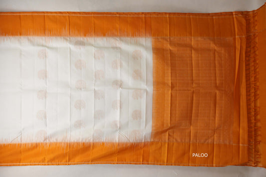 Off white with Bright Mango Orange borders Light Weight Kanjivaram Silk Saree paloo