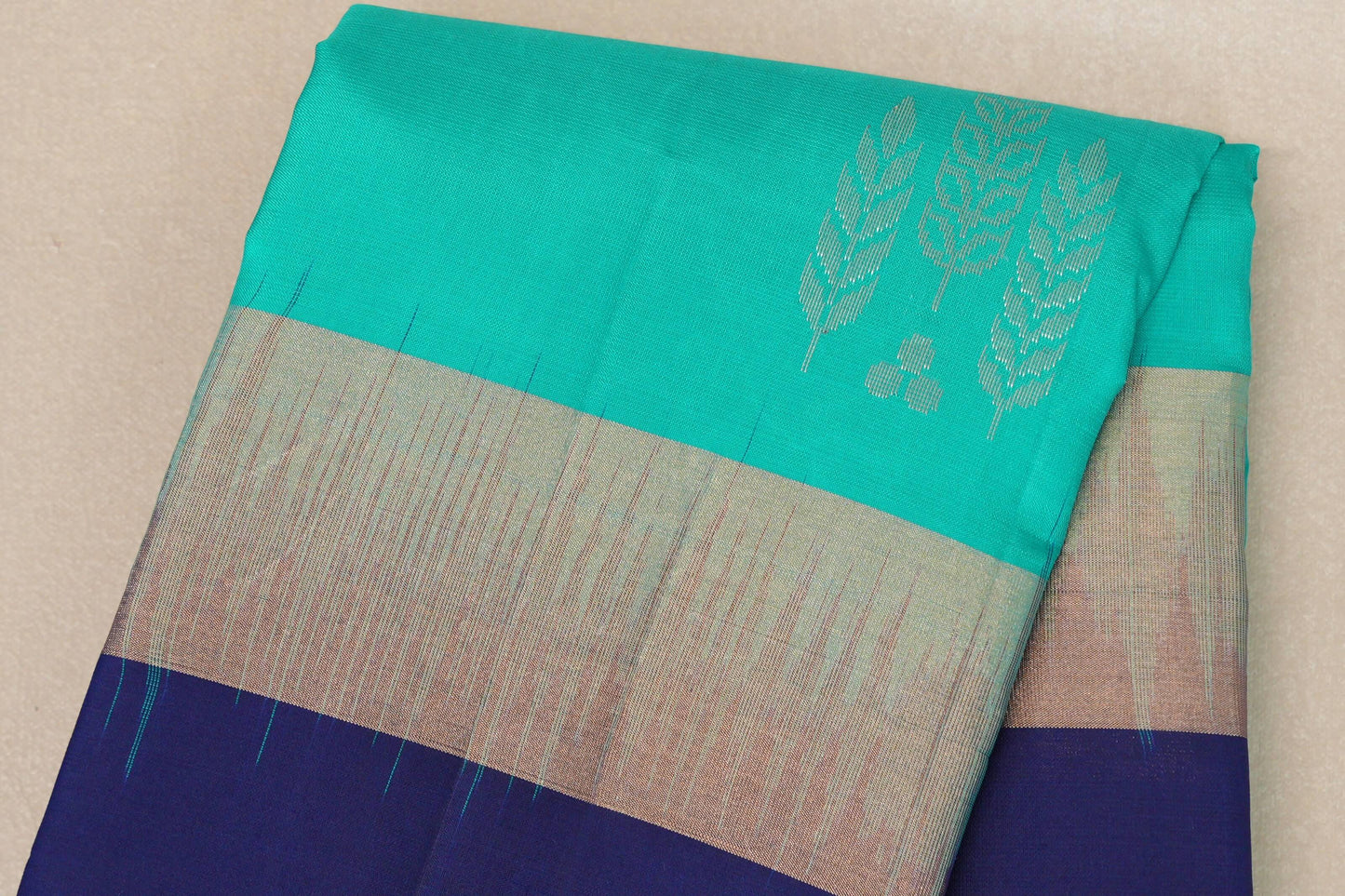 Turquoise blue with Deep Blue borders Light Weight Kanjivaram Silk Saree body