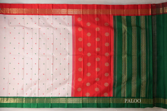 Ivory Pink with Emerald Green and Bright Red Borders Heirloom Kanjivaram Silk Saree paloo