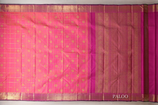 Orangish Pink with Bright Magenta Borders Heirloom Kanjivaram Silk Saree paloo