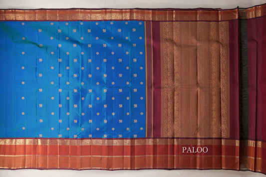 Peacock Blue with Multi Color Borders Heirloom Kanjivaram Silk Saree paloo