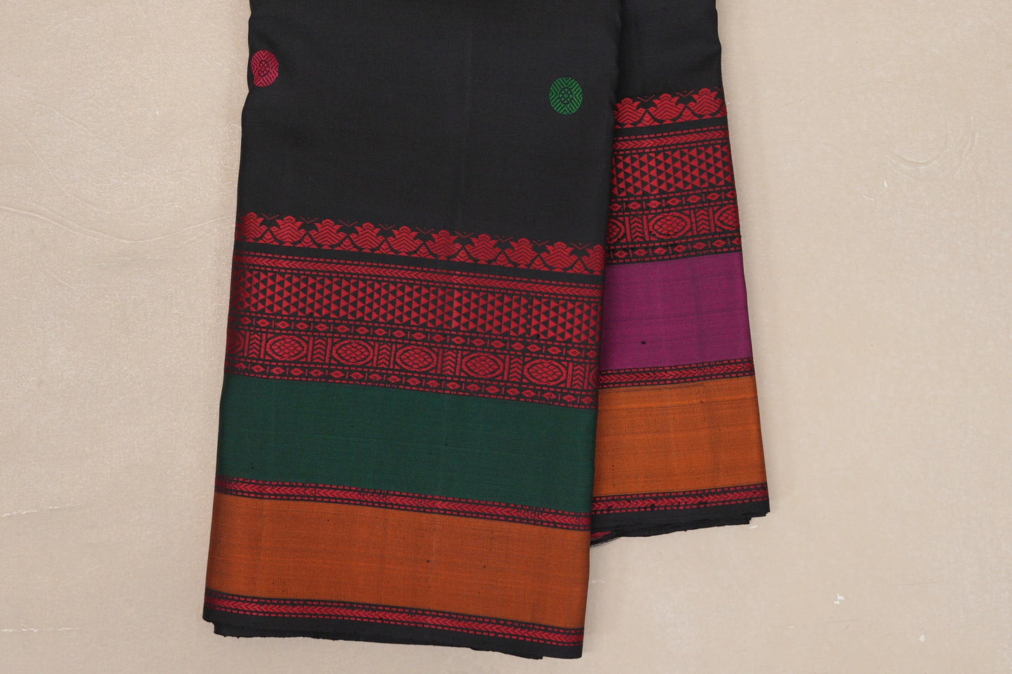 Deep Black with Multi Color Borders Thread Woven Kanjivaram Silk Saree border zoom