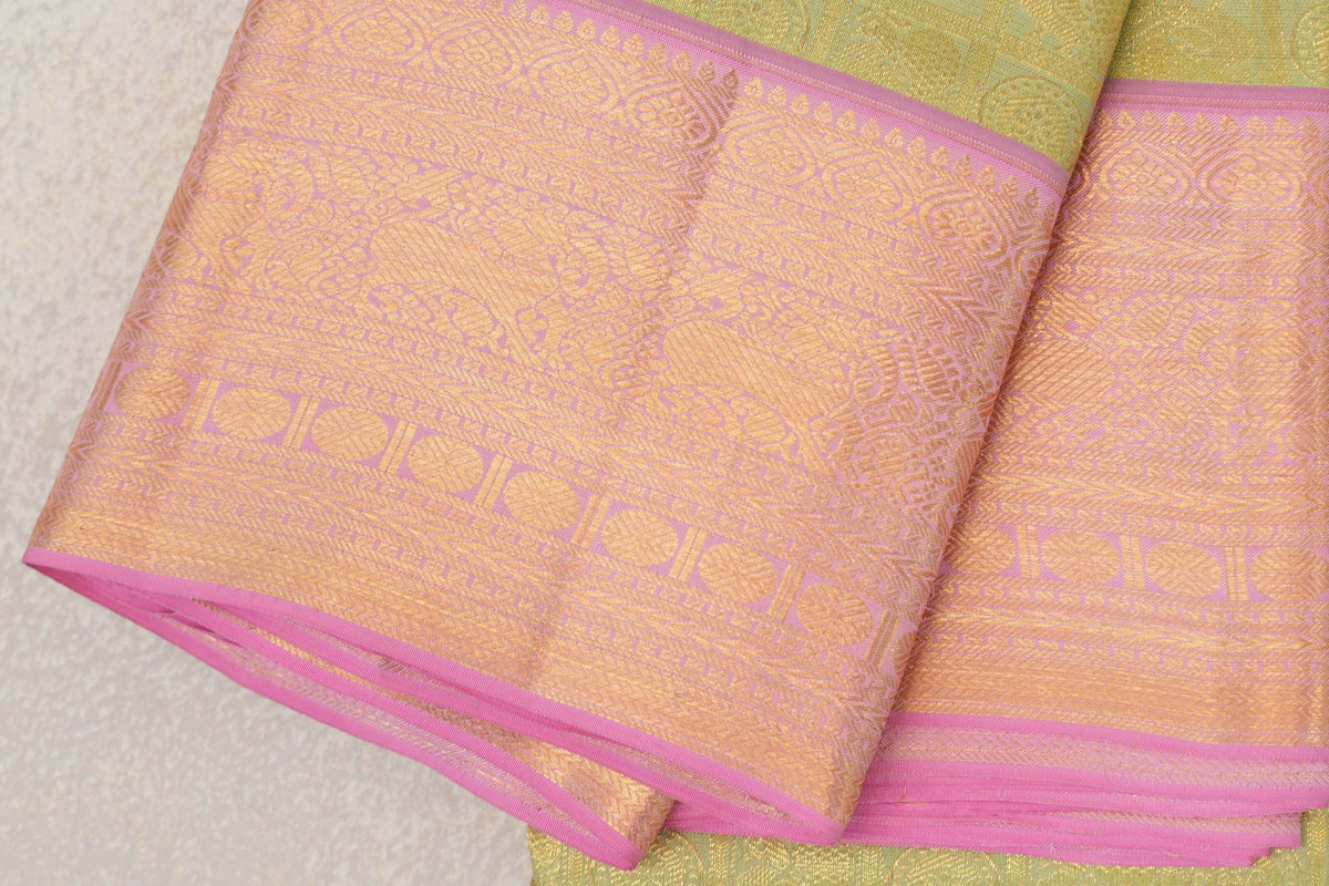 Pastel Green with Baby Pink Borders Kanjivaram Silk Saree by Tharakaram PSTK040179
