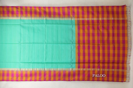 Aqua Green with Mustard Orange & Rani Pink Checks Borders Soft Silk Saree by Tharakaram PSTK040192