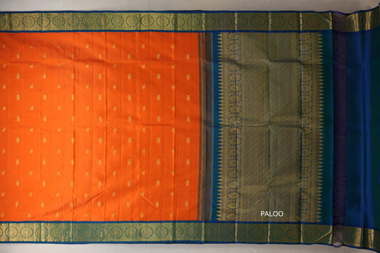 Bright orange with Peacock Blue borders Vintage Kanjivaram Silk Saree by Shreenivas Silk paloo