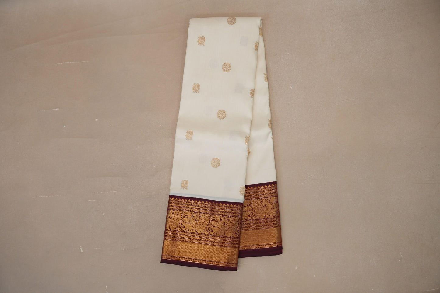 Cream with Deep Maroon borders Vintage Kanjivaram Silk Saree by Shreenivas Silks PSSR018977