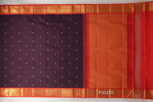 Deep Plum with Bright Red Borders Plant Based Kanjivaram Silk Saree paloo