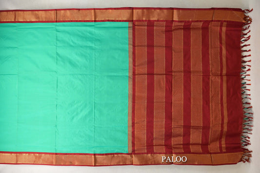 Bright Sea Green with Deep Maroon Borders Ten Yards Silk Saree paloo