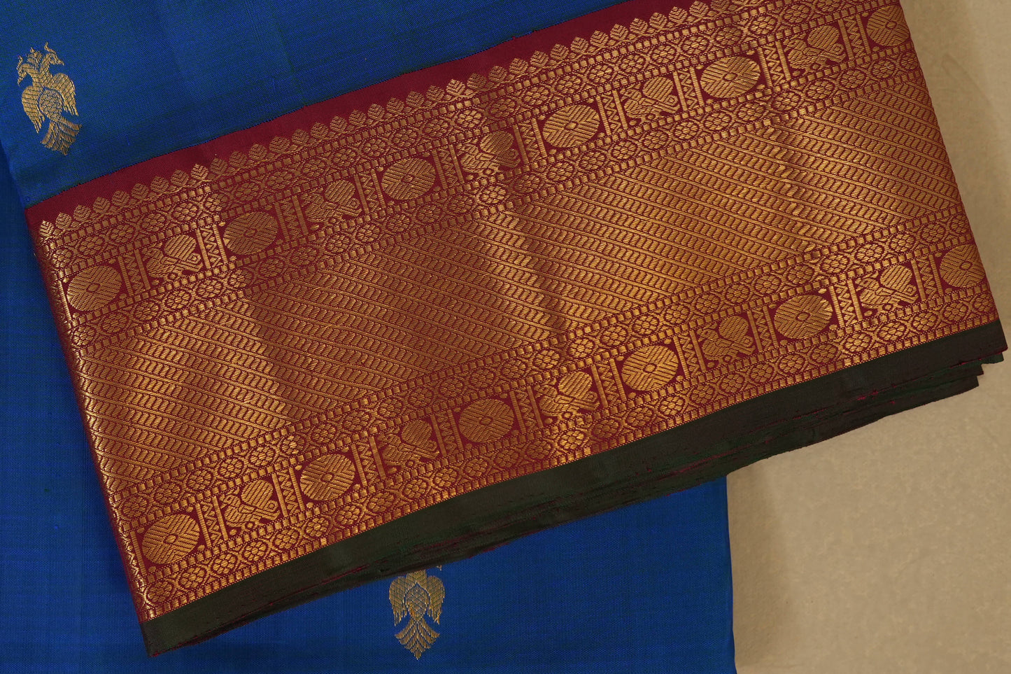 Peacock Blue with Maroon Borders Ten yards silk saree by Shreenivas silks PSSR017951
