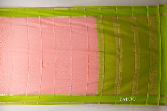 Peach with Parrot Green Borders Mysore Silk Saree by Shreenivas Silks PSSR019004 - Parisera
