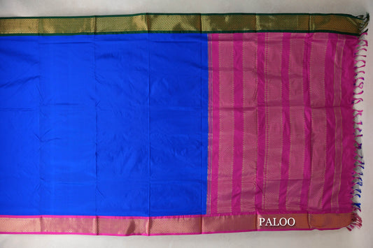 Bright Royal Blue with Magenta /Dark Green Borders Ten Yards Silk Saree paloo
