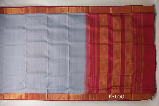 Silver Grey with Deep Maroon Borders Ten Yards Silk Saree paloo