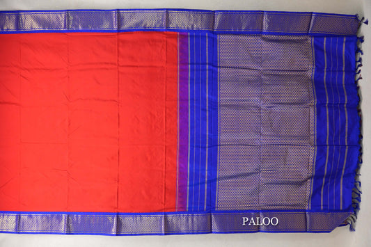 Bright Red with Bright Royal Blue Borders Ten Yards Silk Saree paloo