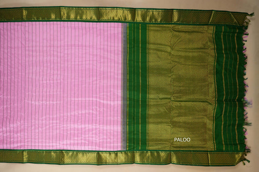 Baby Pink with green borders veldhari Ten yards silk saree by Shreenivas silks PSSR017964