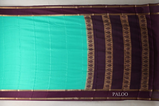Aqua Green with Deep Purple Borders Mysore Silk Saree by Shreenivas Silks PSSR019012 - Parisera