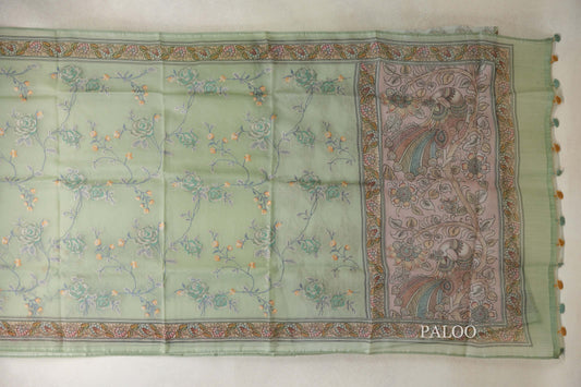 Sage Green with Multi color Borders Organza Silk Saree paloo