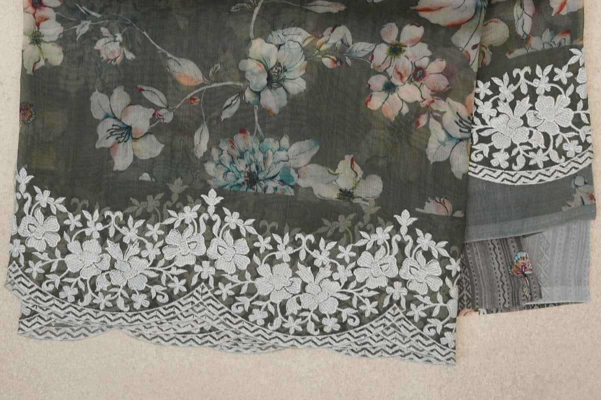 Deep Olive Green Organza Silk Saree border