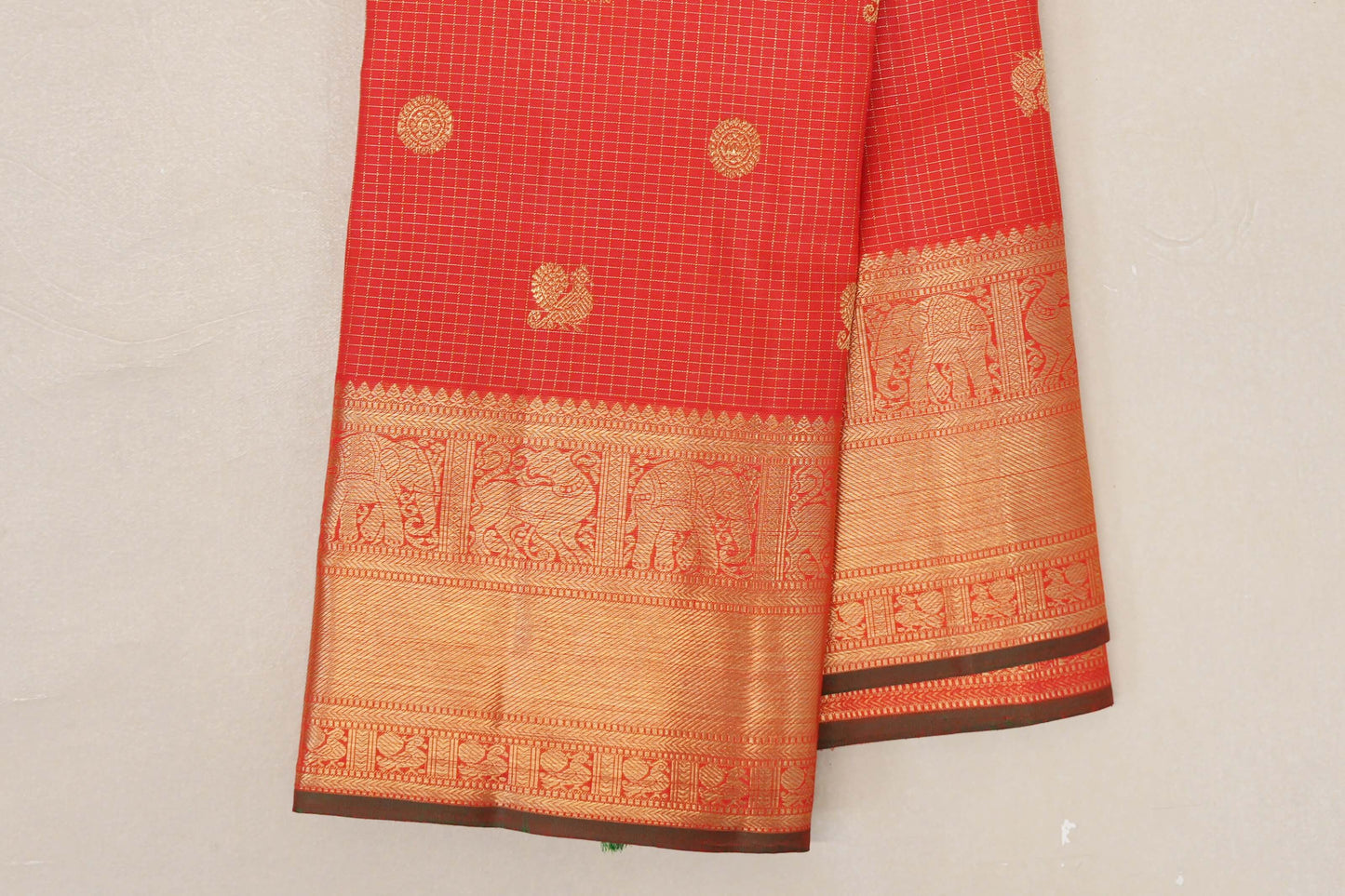Bright Red with Dual Tone Red and Green Selvedge Borders Vintage Heirloom Kanjivaram Silk Saree by Shreenivas Silks PSSR019037
