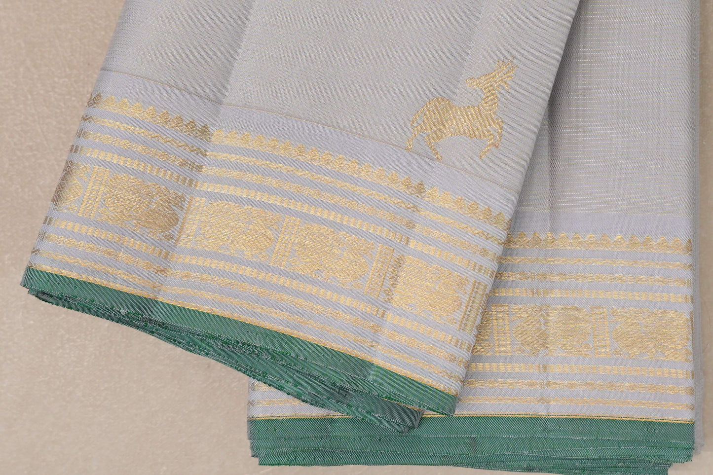 Pearl Grey with Light Green Selvedge Vintage Kanjivaram Silk Saree by Shreenivas Silks PSSR019039