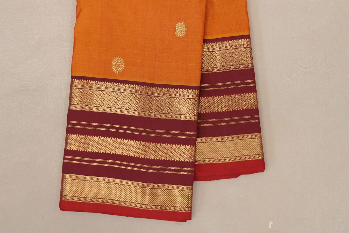 Dual Tone Red and Mustard Vintage Kanjivaram Silk Saree border zoom