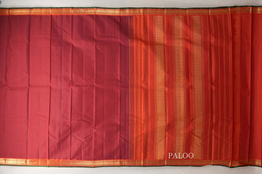 Deep Reddish Maroon with Orange Borders and Bottle Green Selvedge Vintage Kanjivaram Silk Saree by Shreenivas Silks PSSR018856