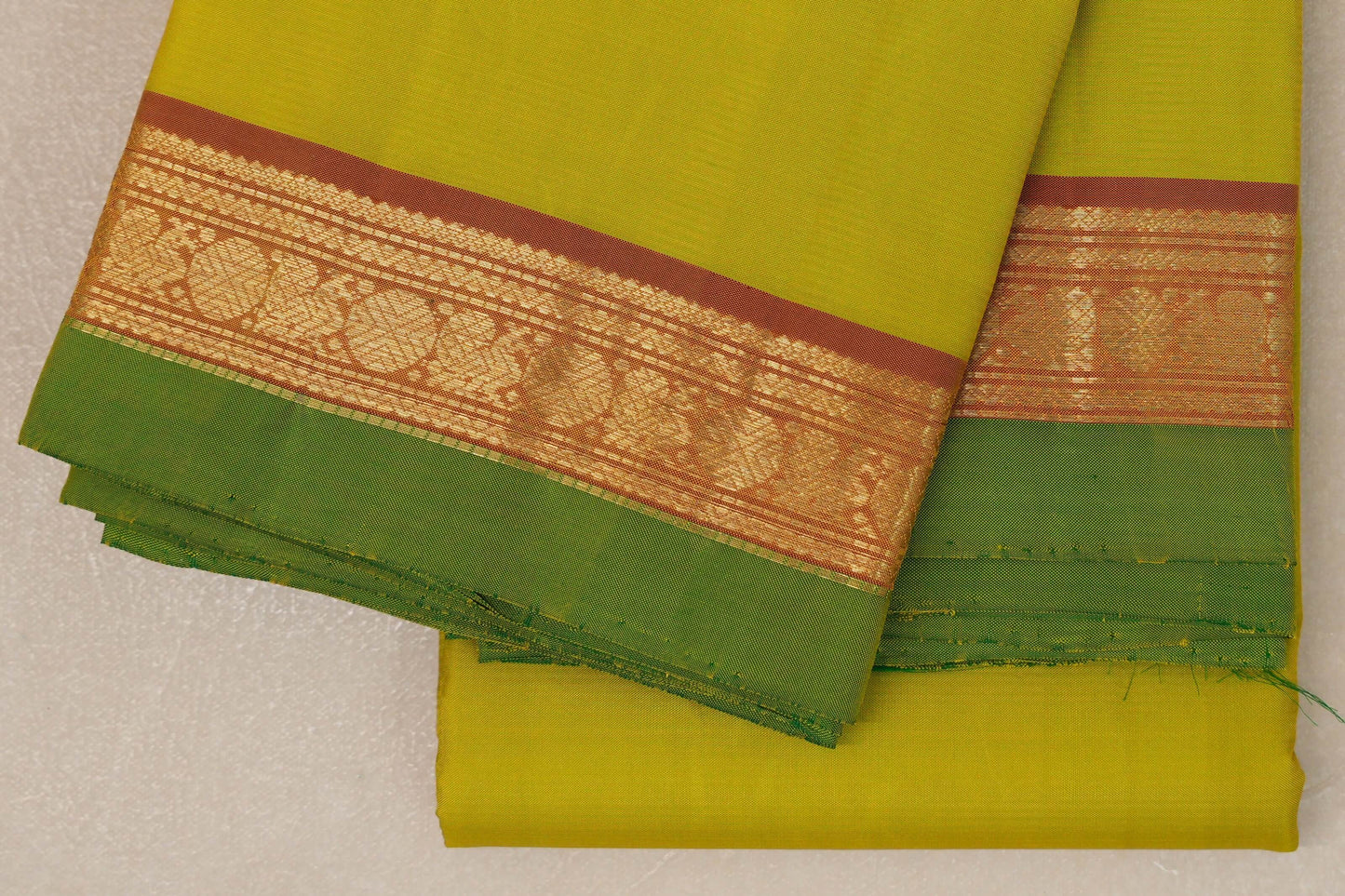 Lemon Green with Dual Tone Red and Mustard Borders and Leaf Green Selvedge Vintage Kanjivaram Silk Saree by Shreenivas Silks PSSR018858