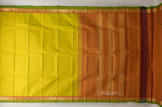 Lemon Green with Dual Tone Red and Mustard Borders and Leaf Green Selvedge Vintage Kanjivaram Silk Saree by Shreenivas Silks PSSR018858