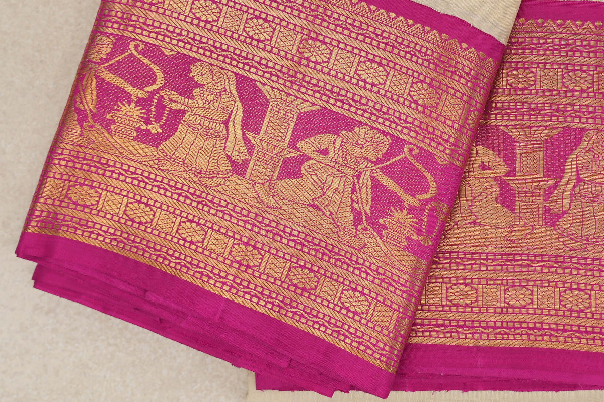 Beige with Pink Borders Beldhary Vintage Kanjivaram Silk Saree by Shreenivas Silks PSSR0110163