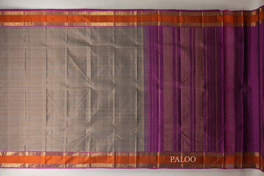 Silver Grey with Warm Olive Stripes Vintage Kanjivaram Silk Saree by Shreenivas Silks PSSR019053
