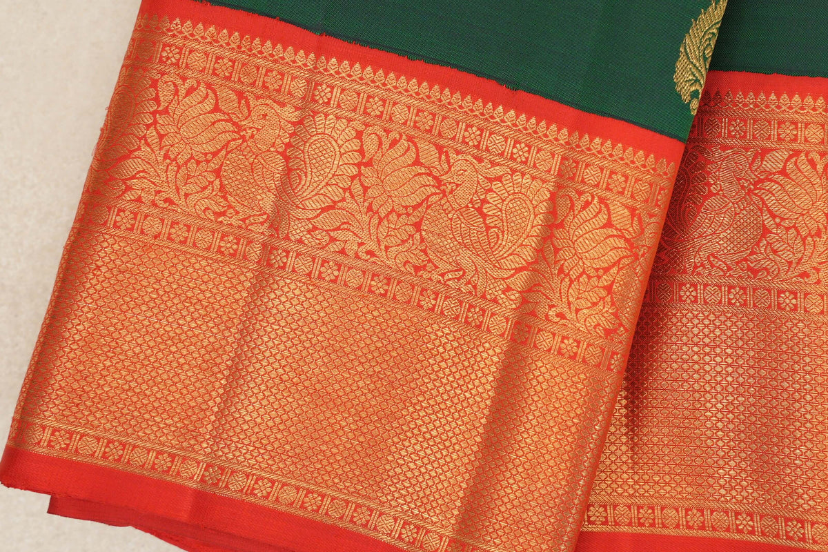 Dark Bottle Green with Bright Red Borders Vintage Kanjivaram Silk Saree by Shreenivas Silks PSSR0110186