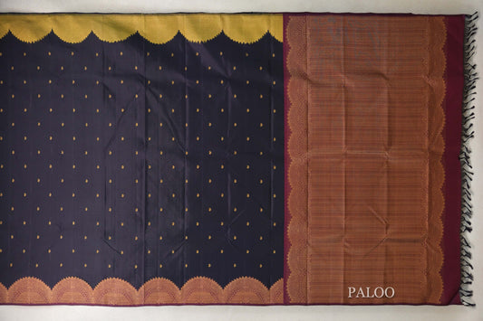 Deep Navy Blue with Deep Maroon and Yellowish Green Borders Vintage Kanjivaram Silk Saree by Shreenivas Silks PSSR0110189