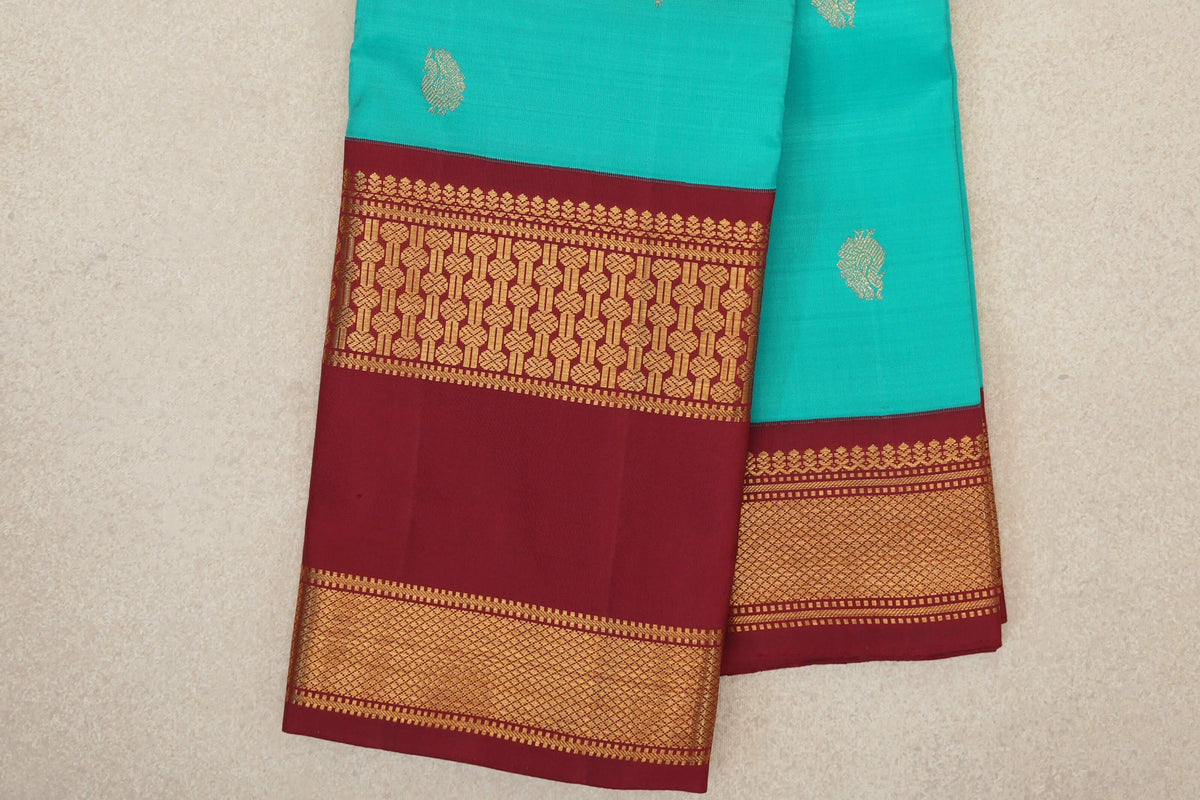 Aqua Blue with Deep Maroon Rettai Pettu Borders Vintage Kanjivaram Silk Saree by Shreenivas Silks PSSR0110190