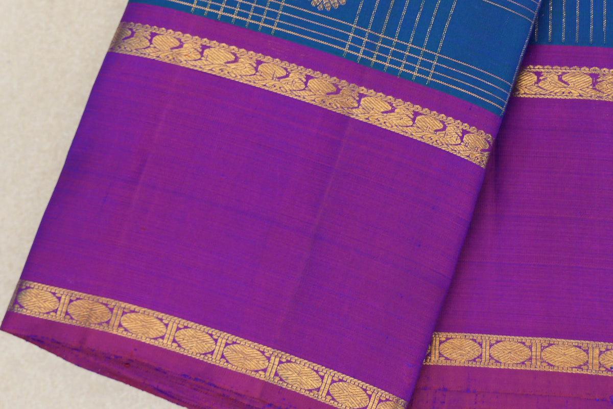 Peacock Blue with Dual Tone of Blue and Reddish Pink Rettai Pettu Borders Vintage Kanjivaram Silk Saree by Shreenivas Silks PSSR0110192