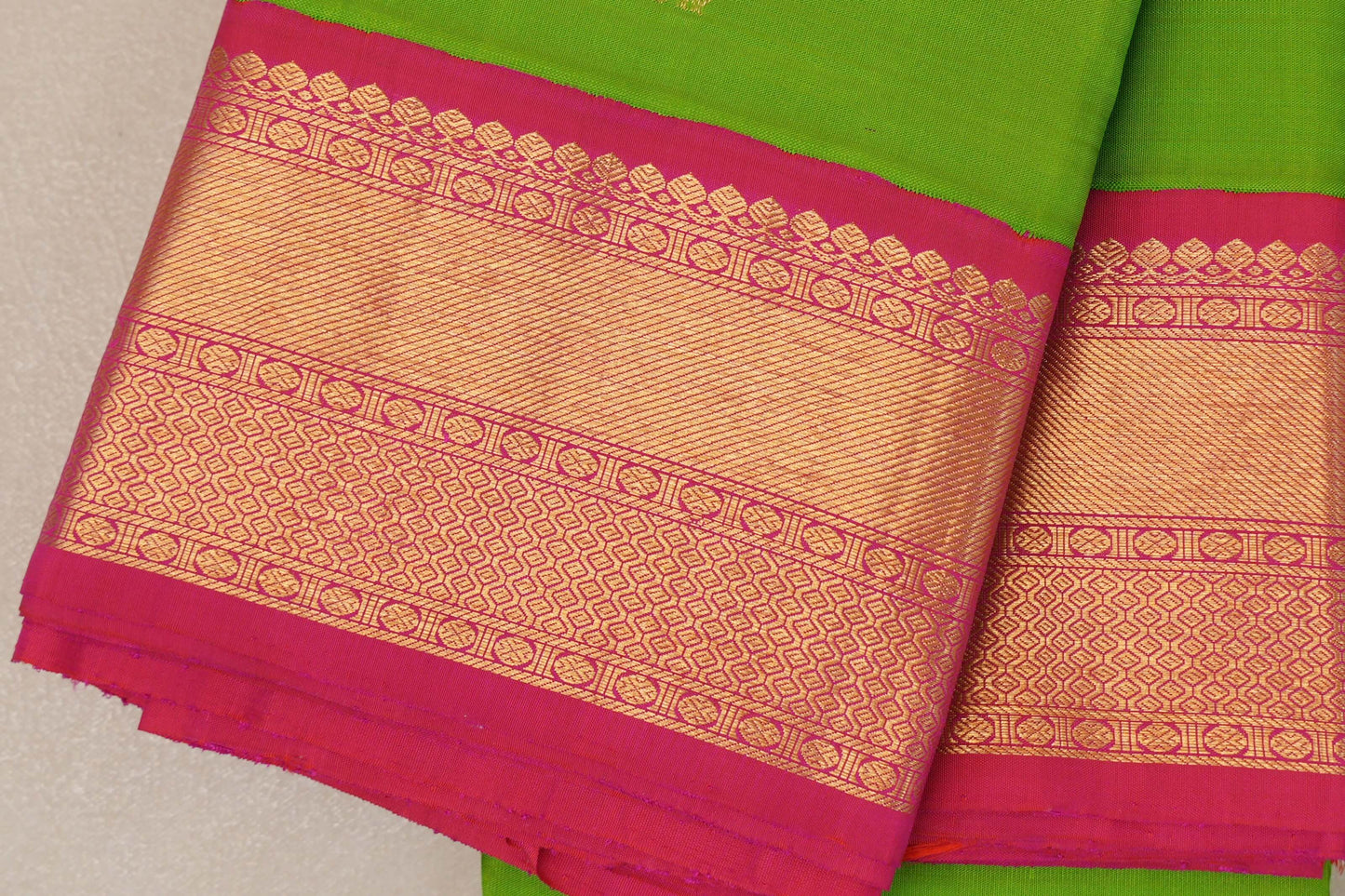 Parrot Green with Rani Pink Borders Vintage Kanjivaram Silk Saree by Shreenivas Silks PSSR019066 - Parisera