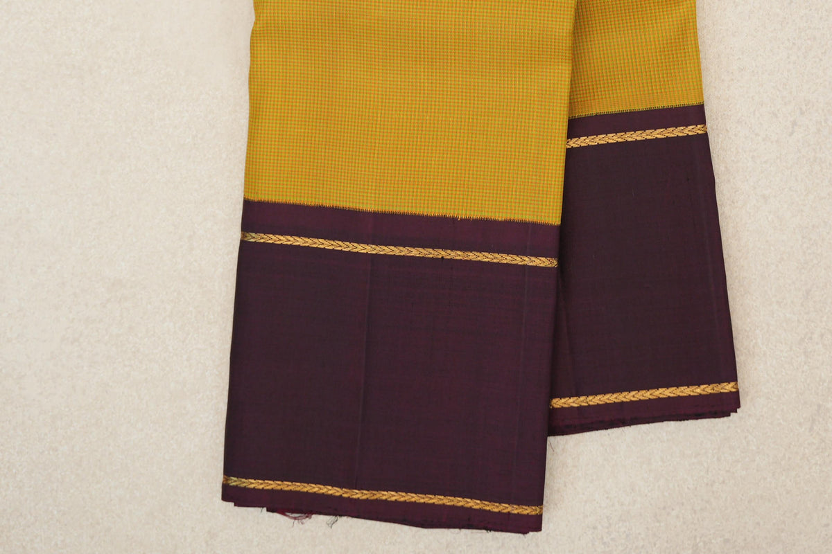 Mustard Yellow with Green Checks and Deep Plum Rettai Pettu Borders Vintage Kanjivaram Silk Saree by Shreenivas Silks PSSR0110195
