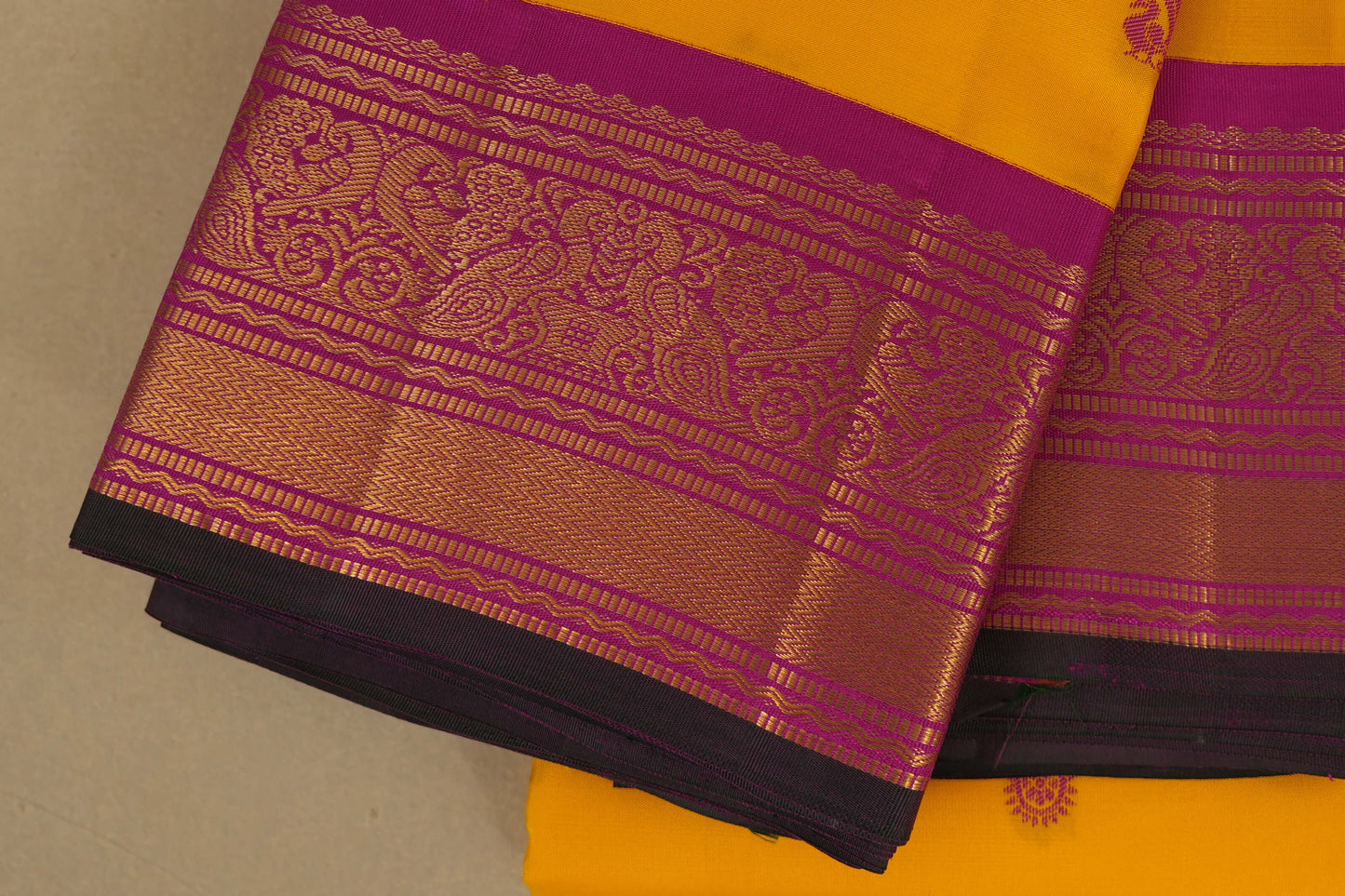 Yellow with Rani Pink Borders Vintage Kanjivaram Silk Saree by Shreenivas Silks PSSR018050 - Parisera