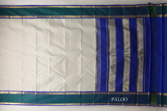 Cream with Olive Green Checks with Deep Blue and Peacock Green Borders Vintage Kanjivaram Silk Saree by Shreenivas Silks PSSR019067 - Parisera