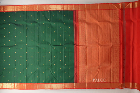 Bottle Green with Orangish Red Borders Vintage Kanjivaram Silk Saree by Shreenivas Silks PSSR019069